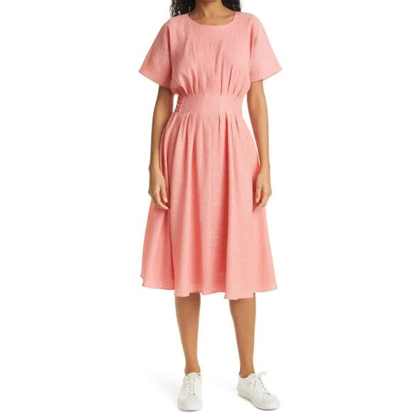 CLUB MONACO Seersucker Fit & Flare Dress Knee Length Tea Rose Pink Women's 2 - Picture 2 of 15